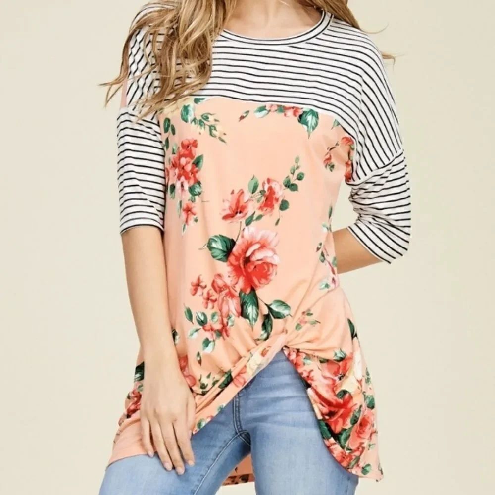 White Birch Women's Floral and Stripe Front Knot Top